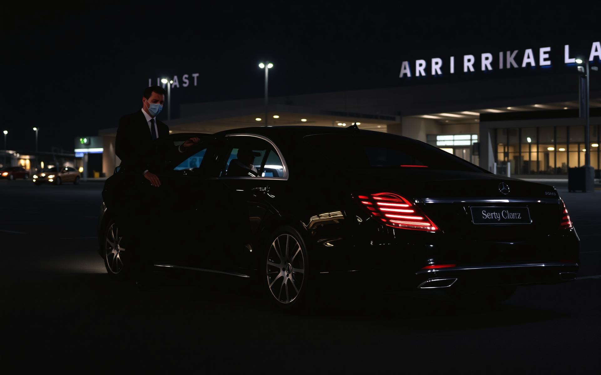 Black Mercedes S-Class with professional chauffeur at airport